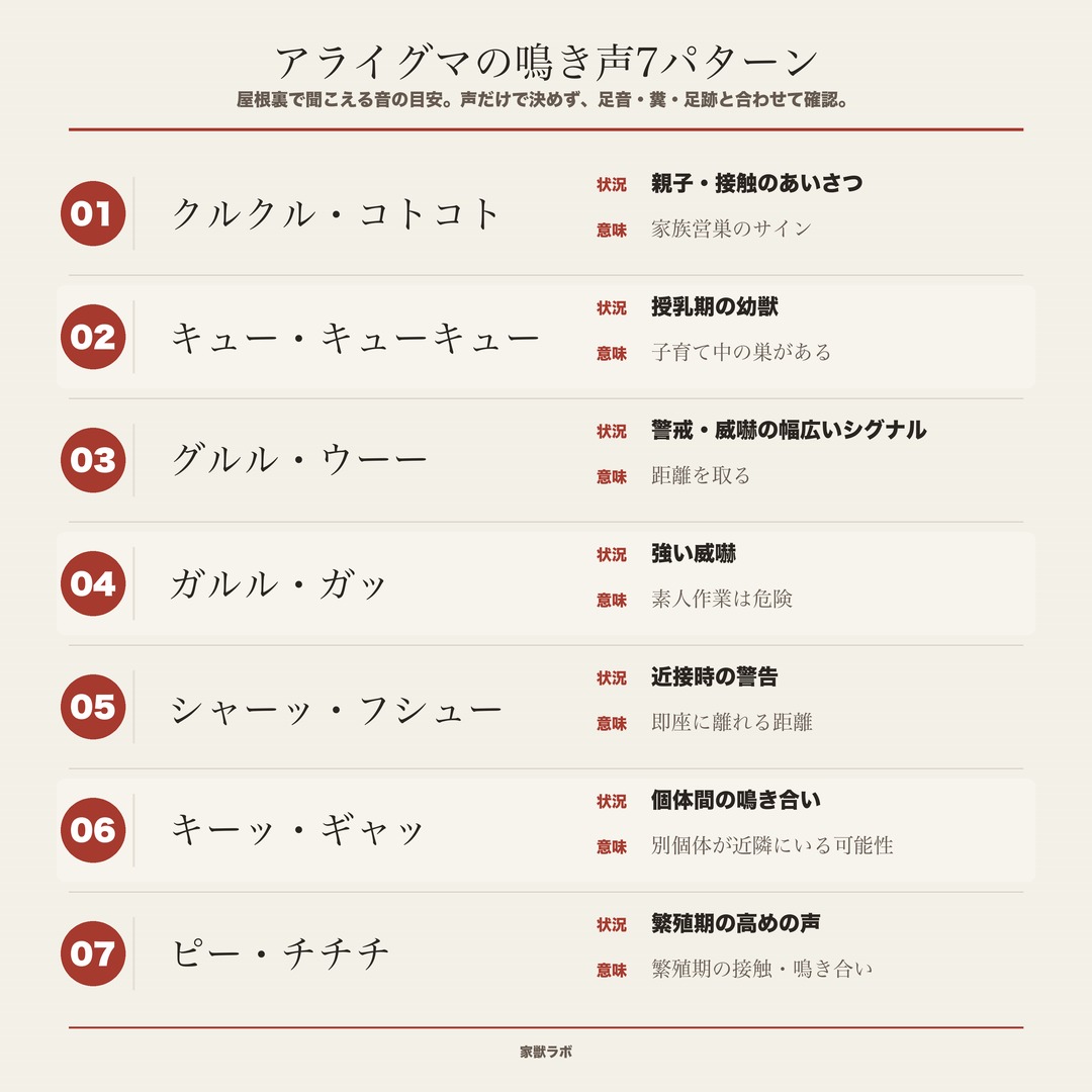 アライグマの鳴き声7パターンを一覧化した正方形の図解。クルクル・キュー・グルル・ガルル・シャーッ・キー・ピーの7種を、オノマトペ・聞こえる場面・意味する状況とともに縦に並べた、アライグマの鳴き声識別チャート。