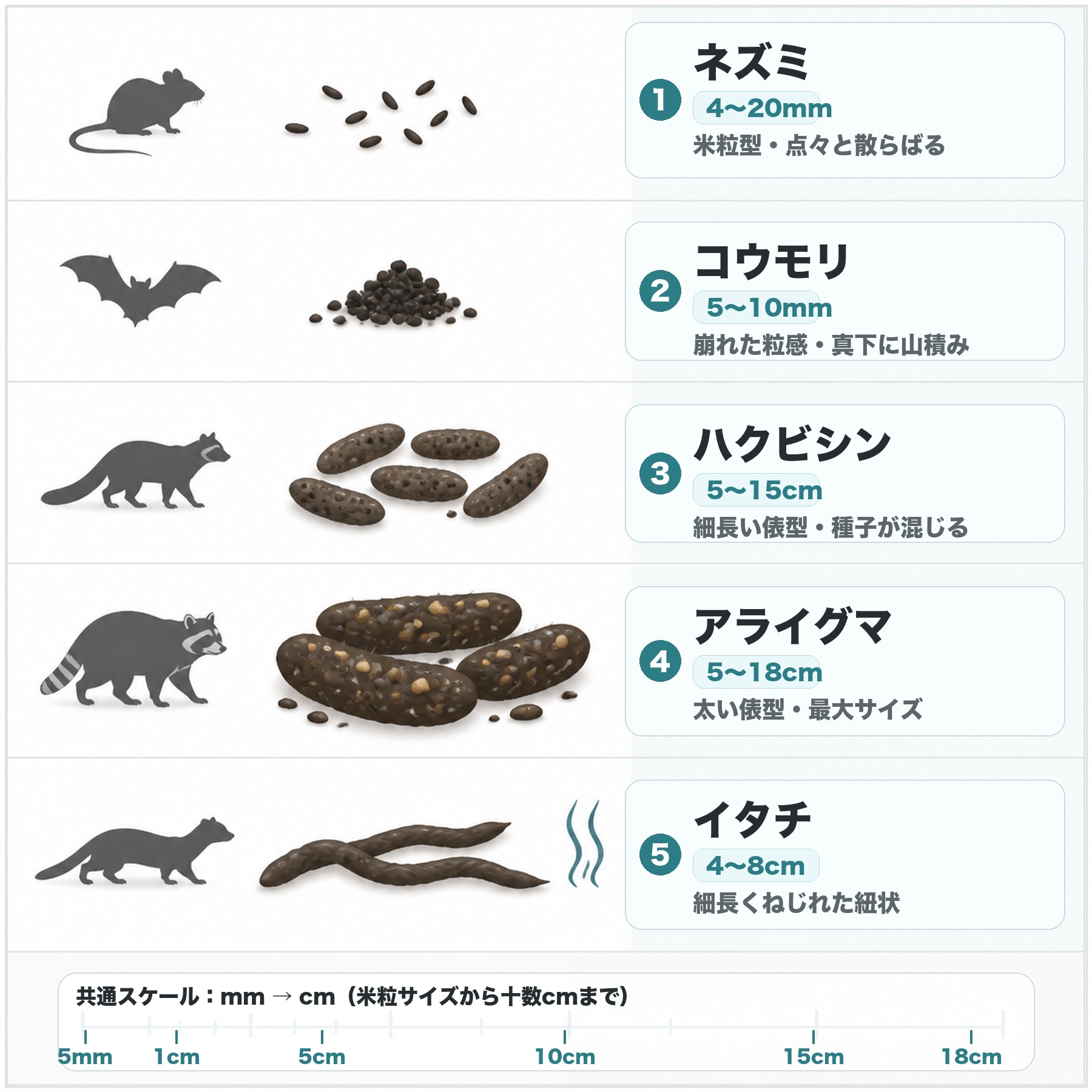 ネズミ・ハクビシン・アライグマ・コウモリ・イタチ5匹の糞をサイズ比較した図解。米粒大のネズミとコウモリの糞、5〜18cmと大きいハクビシン・アライグマの溜め糞、細長くねじれたイタチの糞を、形状・大きさ・特徴とともに並べた害獣の糞の見分けチャート。
