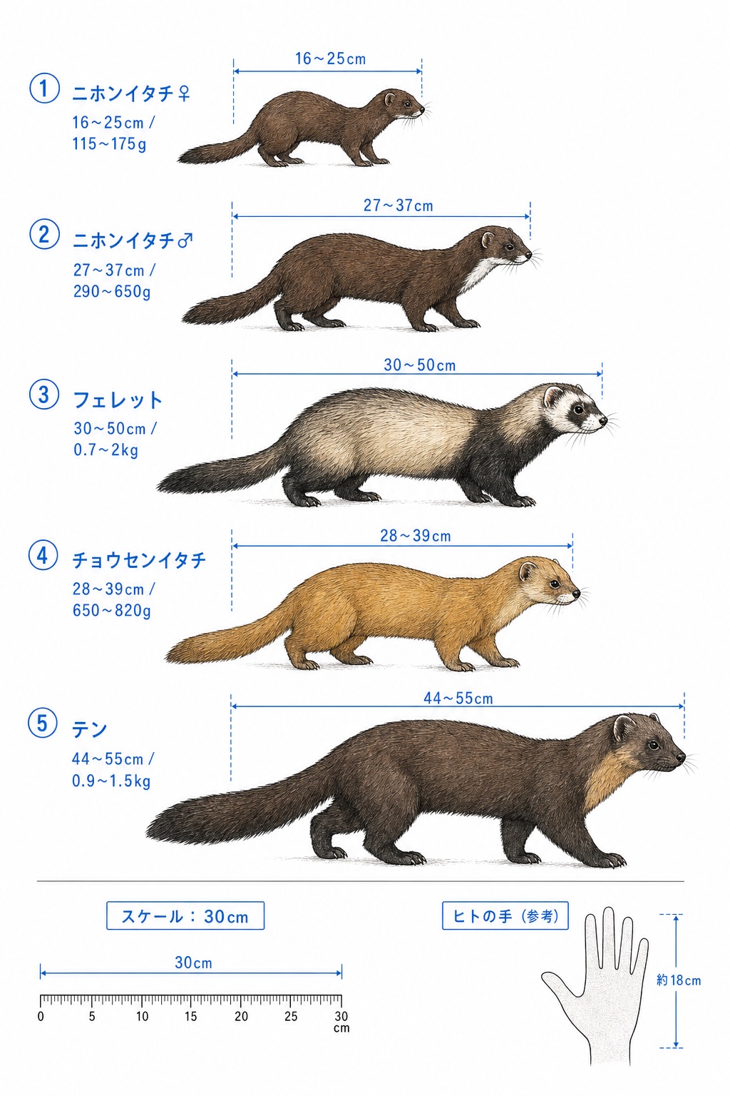 ニホンイタチ（オス・メス）、チョウセンイタチ、テン、フェレットの実寸サイズ比較図。ニホンイタチオスとメスの体格差、チョウセンイタチが一回り大型、テンが最大、フェレットがその中間という相対スケール。