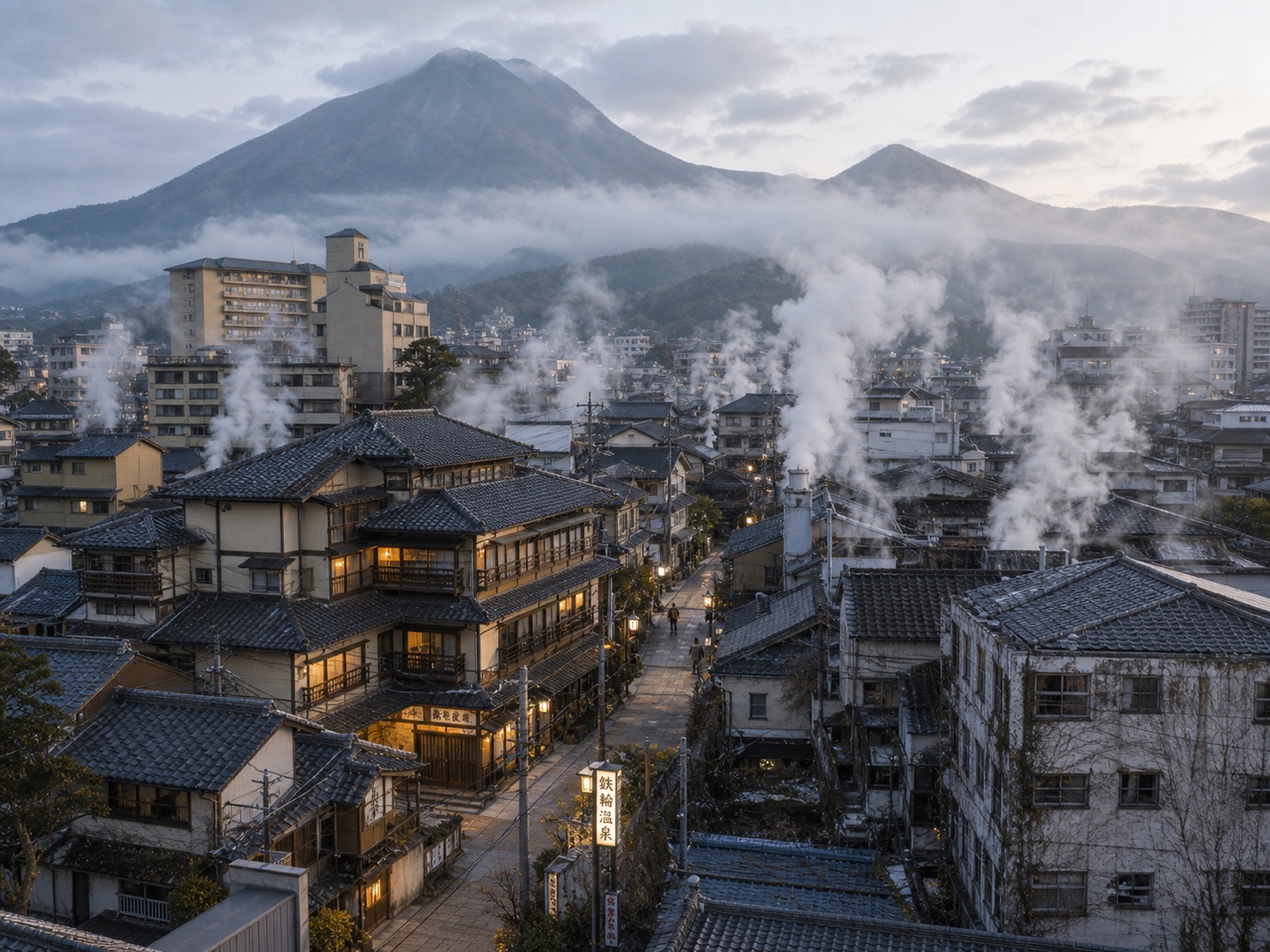 別府・由布院の温泉街。湯気が立ち上る別府八湯と由布岳を背景にした写真。